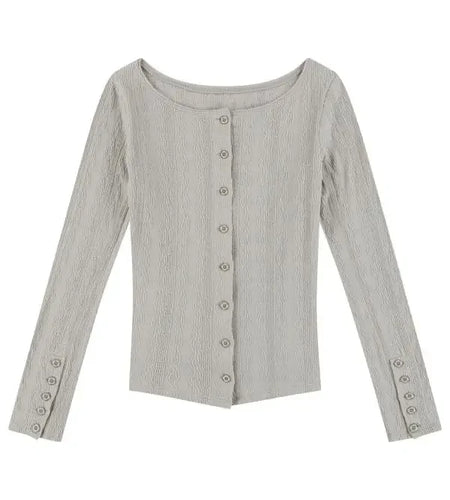 Single Breasted Woman Tshirts O-neck Long Sleeve Tunic Tees Crop Tops 2024 Ropa Mujer Korean Camisetas Casual Fashion T-shirt