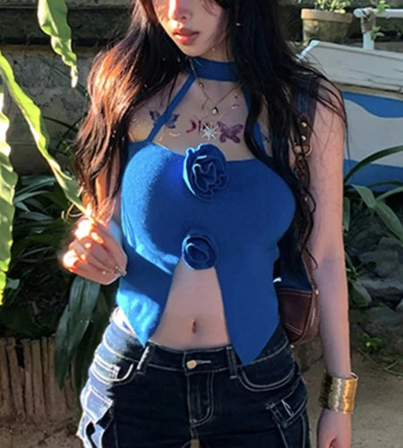 y2k Crop Tops Women Summer Sleeveless Open Back Halter Neck T Shirts Vest with 3D Flower 2000s Clothing Streetwear