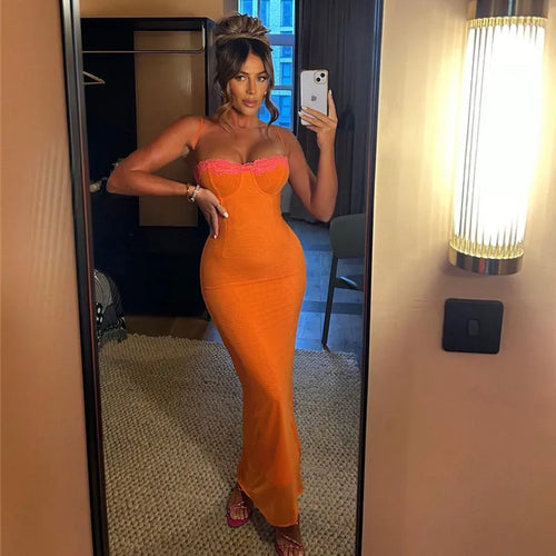 Load image into Gallery viewer, Lace Spaghetti Strap Bodycon Maxi Dress Women Gown Patchwork Fashion Sleeveless Backless Sexy Club Party Dress Elegant
