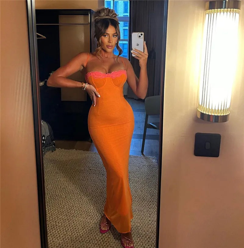 Lace Spaghetti Strap Bodycon Maxi Dress Women Gown Patchwork Fashion Sleeveless Backless Sexy Club Party Dress Elegant