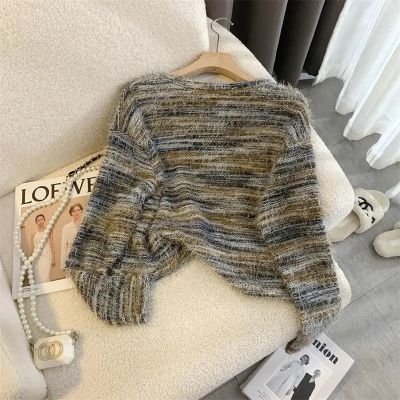 Autumn Winter Vintage O-neck Long Sleeve Casual Mink Striped Patchwork Sweater Women Knitted Pullovers Short Top Boho French Y2k