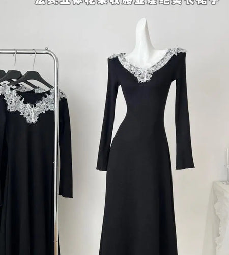 Autumn Black Patchwork Lace V Neck Elegant Slim Knitted Dresses Women Long Sleeves Festival Party Evening Dress Fashion Popular