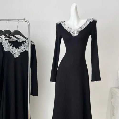 Load image into Gallery viewer, Autumn Black Patchwork Lace V Neck Elegant Slim Knitted Dresses Women Long Sleeves Festival Party Evening Dress Fashion Popular
