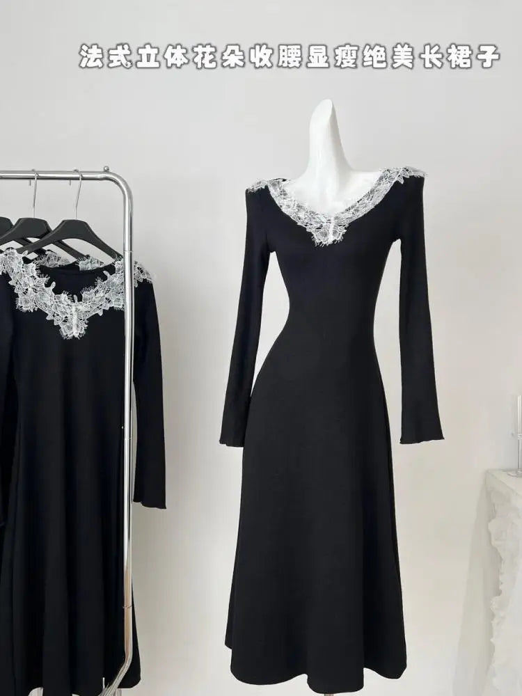 Autumn Black Patchwork Lace V Neck Elegant Slim Knitted Dresses Women Long Sleeves Festival Party Evening Dress Fashion Popular