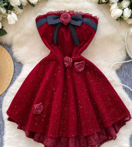 French Women Black Patchwork Bow Backless Birthday Party Strapless Short Dress Summer Red Velvet Flower Decorate Pleated Dresses