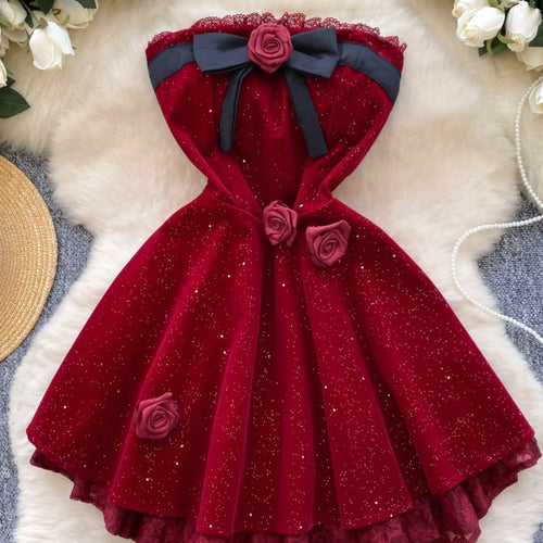 Load image into Gallery viewer, French Women Black Patchwork Bow Backless Birthday Party Strapless Short Dress Summer Red Velvet Flower Decorate Pleated Dresses
