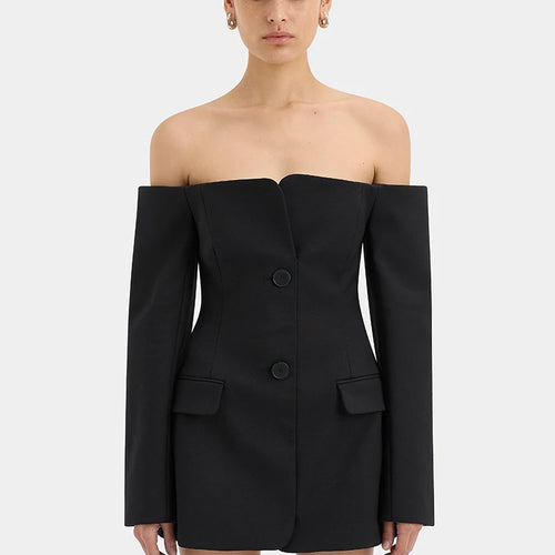 Load image into Gallery viewer, Off-shoulder Strapless Sexy Blazer Dress For Women Fashion Solid Zipper Two Pocket Long Sleeve Backless Mini Dress
