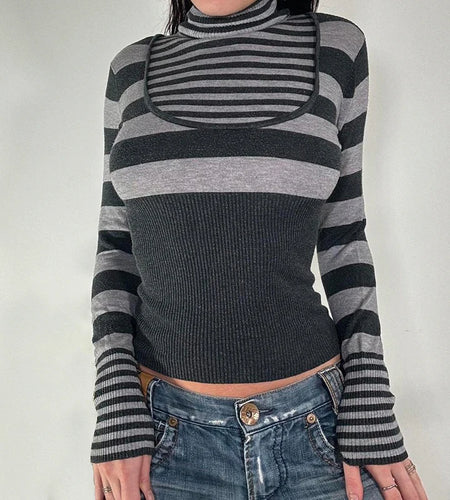 Harajuku Stripe Knitted Turtleneck Pullover Tee Vintage Y2K Fitness Basic Autumn Women's T-shirts Contrast Patchwork
