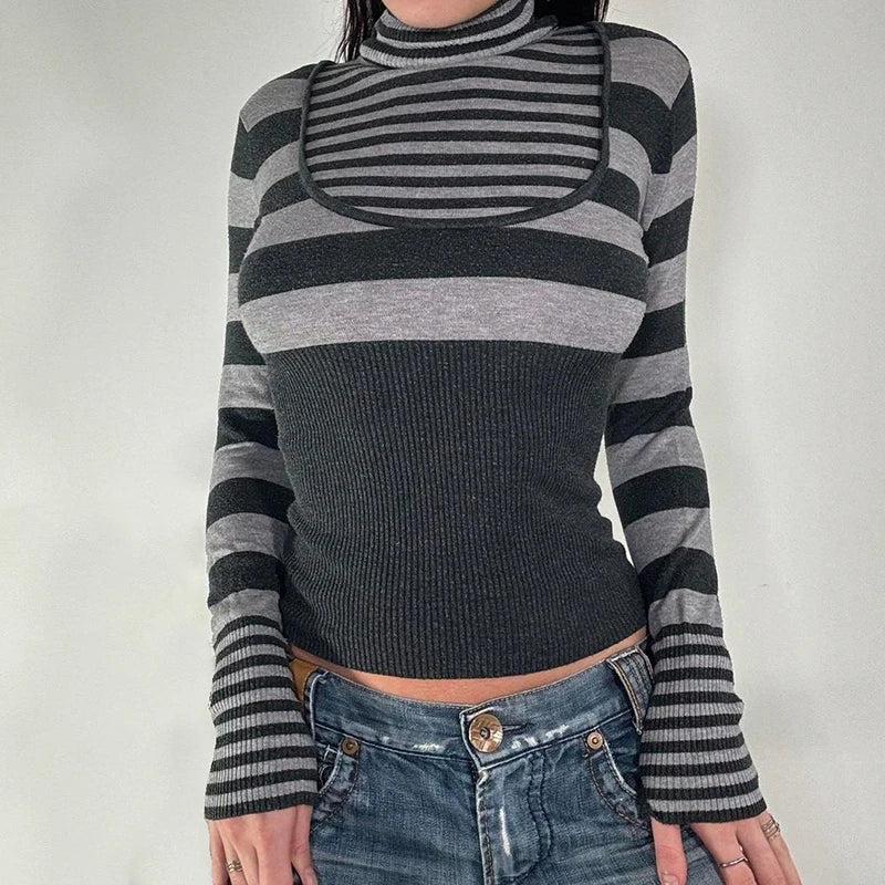 Harajuku Stripe Knitted Turtleneck Pullover Tee Vintage Y2K Fitness Basic Autumn Women's T-shirts Contrast Patchwork