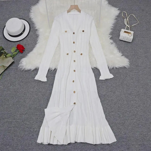 Load image into Gallery viewer, Korean 2024 New Spring Autumn Solid Temperament V-neck Knitted Dresses Women's Elegant Long Sleeve Office Buttons Ruffles Dress
