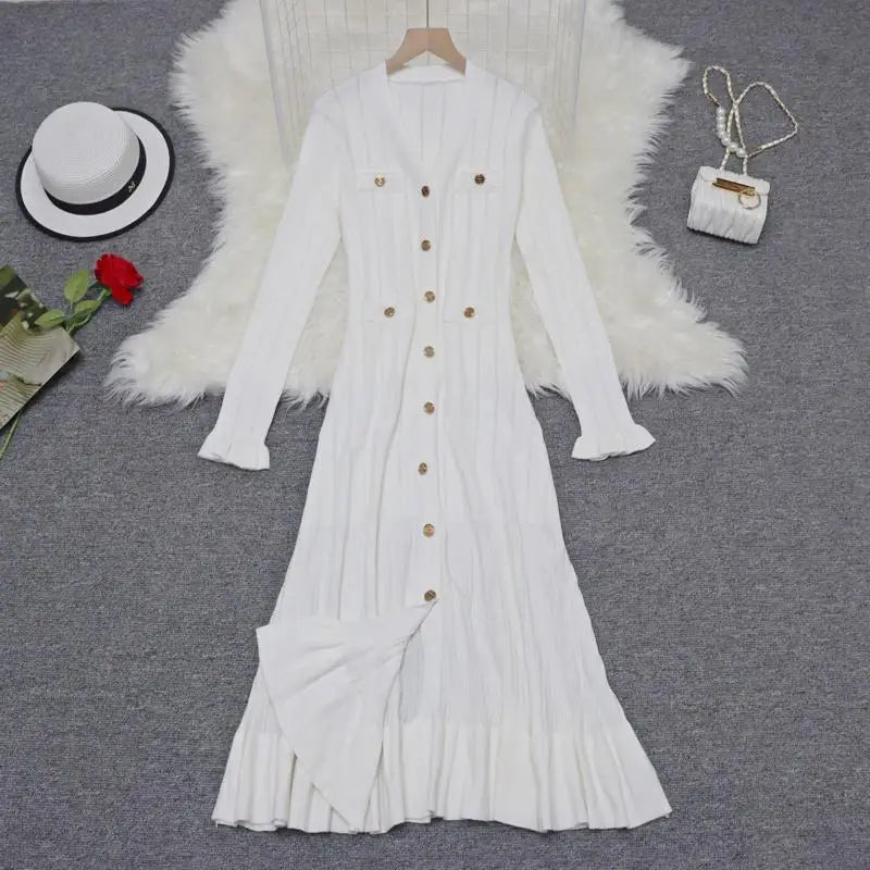 Korean 2024 New Spring Autumn Solid Temperament V-neck Knitted Dresses Women's Elegant Long Sleeve Office Buttons Ruffles Dress