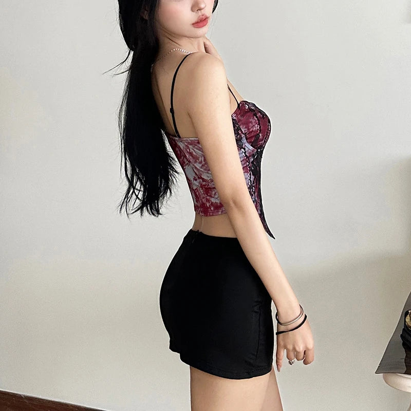 y2k Corset Top Women Summer Lace Patchwork Spaghetti Strap Sleeveless Camisole Vest 2000s Aesthetic Clothing Streetwear