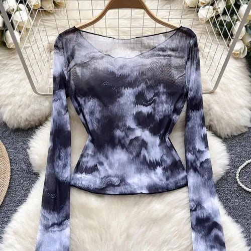 Load image into Gallery viewer, Vintage Black Tie Dye Elegant Slim Long Sleeved T-shirt For Women 2024 Spring Autumn New Vacation Versatile Tops Trendy Fashion
