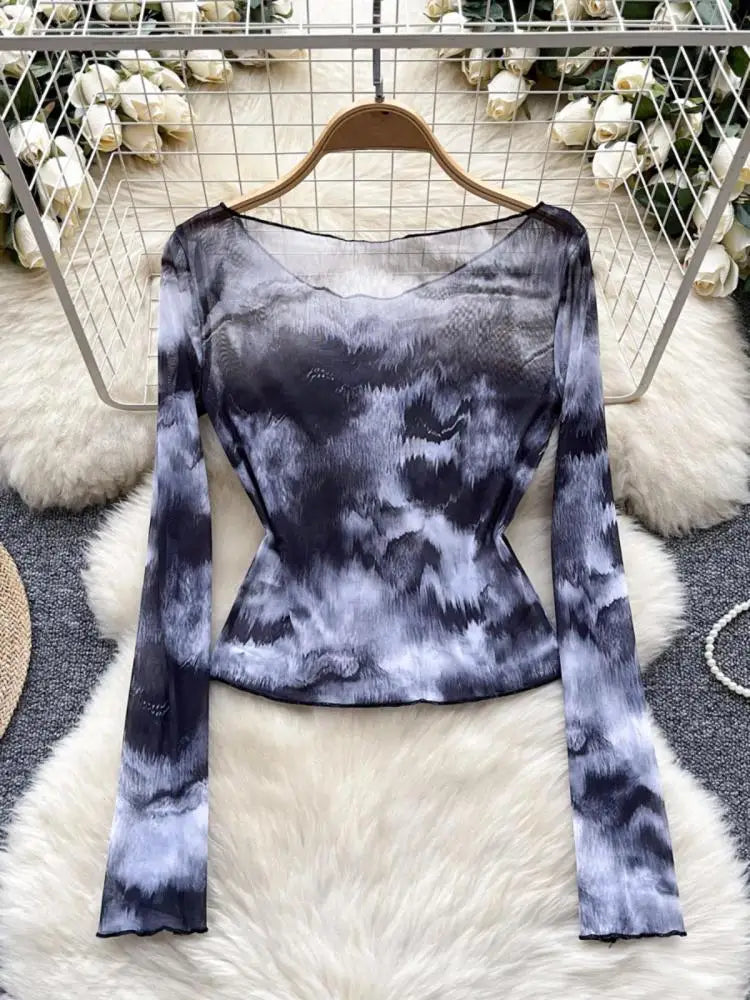 Vintage Black Tie Dye Elegant Slim Long Sleeved T-shirt For Women 2024 Spring Autumn New Vacation Versatile Tops Trendy Fashion