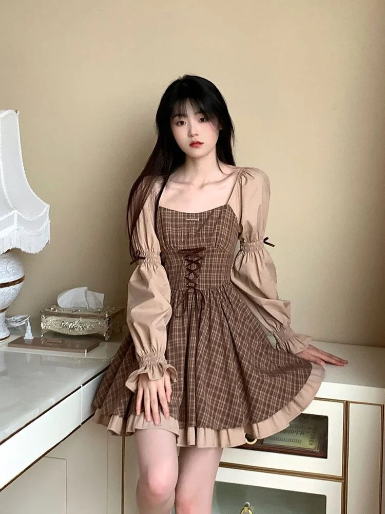 Vintage Plaid Striped Bandage Kawaii Dress Party Lolita Elegant Birthday Preppy Style School Student Dresses Y2K