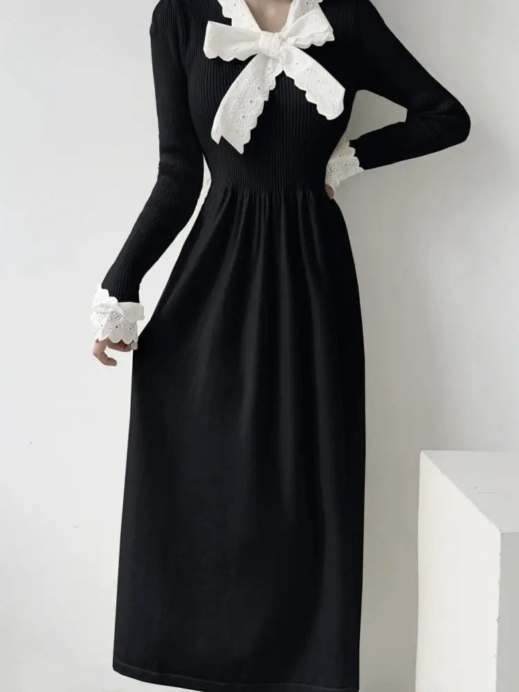 Korean Retro 2024 New Women Black Beige Patchwork Lace Holiday Pleated Dress Autumn Winter Red Bow Bandage Knitted Dress Popular