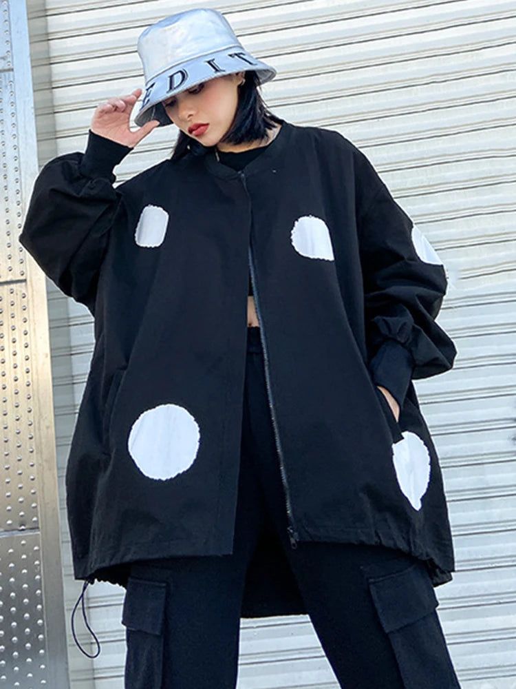 Black Dot Big Size Irregular Jacket New Stand Collar Long Sleeve Women Coat Fashion Tide Spring Autumn 2025 1DH1212