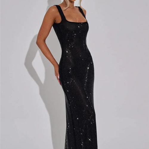 Load image into Gallery viewer, Sequins Backless Sexy Maxi Dress For Women Gown Fashion Sparkle Square Collar Sleeveless Bodycon Club Long Dress
