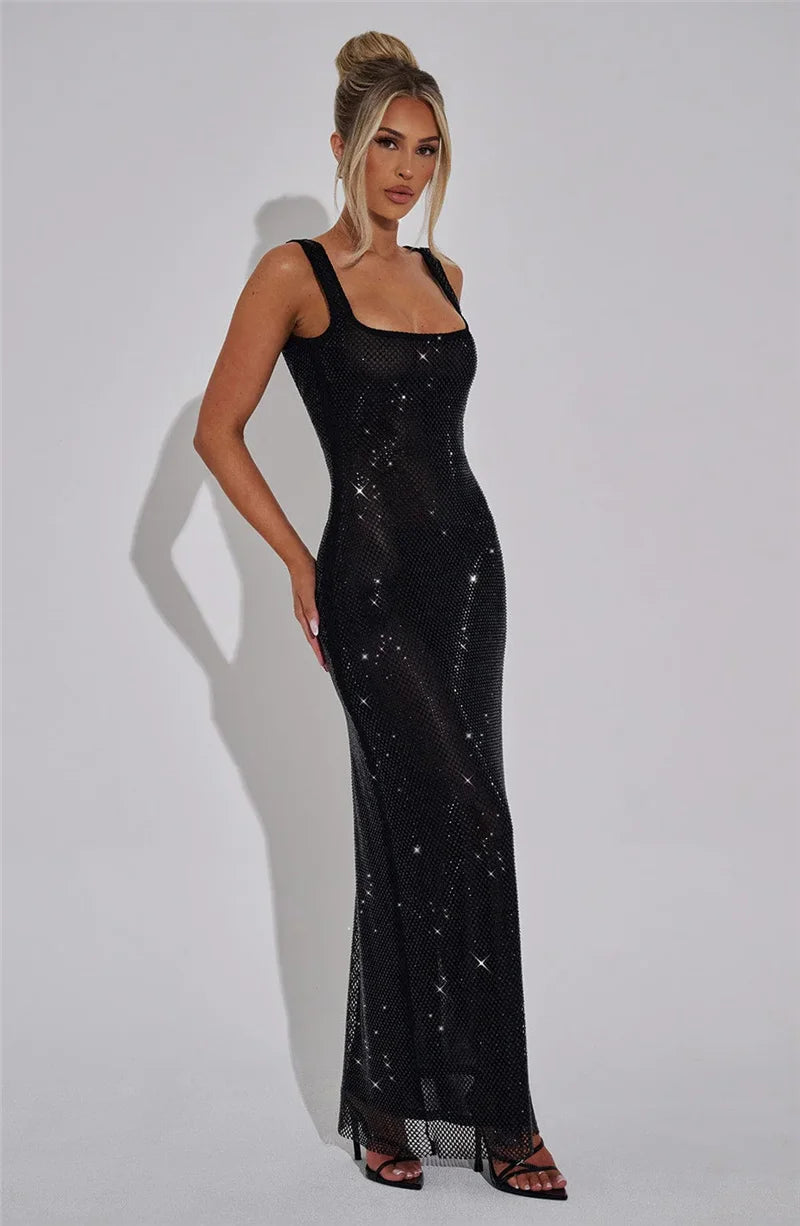 Sequins Backless Sexy Maxi Dress For Women Gown Fashion Sparkle Square Collar Sleeveless Bodycon Club Long Dress