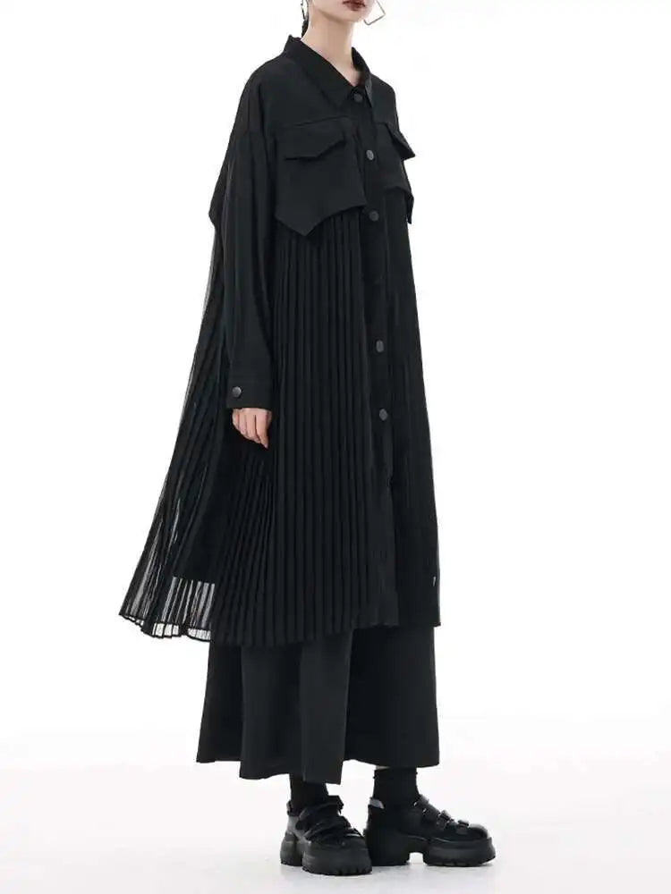 Women Army Green Pleated Spliced Big Size Midi Shirt Dress New Lapel Long Sleeve Fashion Tide Spring Autumn 2025 1DH6927