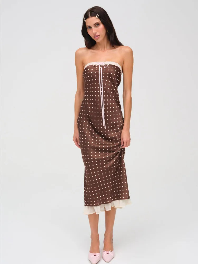 Sexy Strapless Backless Lace Up Hollow Out Mid Length Dress Women Polka Dot Print SummerNew 2025 Holiday Beach Vestido