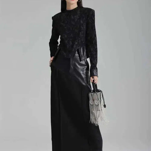 Load image into Gallery viewer, High Waist Black Pu Leather Spliced Long Back Slit Elegant Half-body Skirt Women Fashion New Spring Autumn 2025 1DH3993
