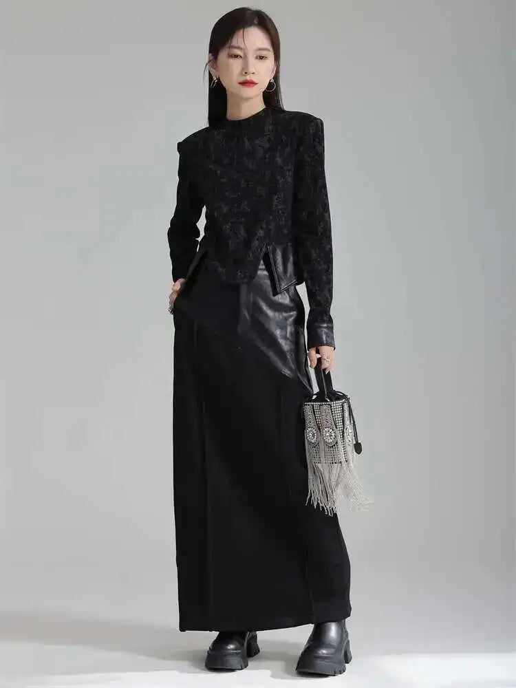 High Waist Black Pu Leather Spliced Long Back Slit Elegant Half-body Skirt Women Fashion New Spring Autumn 2025 1DH3993