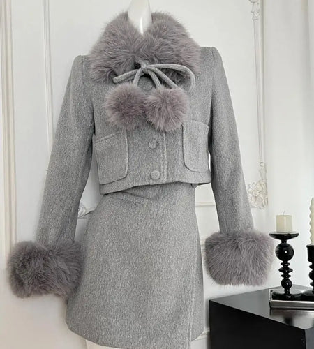 Vintage 2024 Winter New Fashion Women's Slim Two Piece Set Beige Gray Long Sleeve Plush Neck Lace-up Woolen Coat And Short Skirt