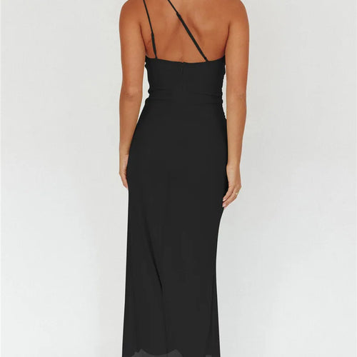 Load image into Gallery viewer, One Shoulder Draped Ruffle Maxi Dress Women Gown Fashion Diagonal Collar Backless Sleeveless Split Long Dress Elegant
