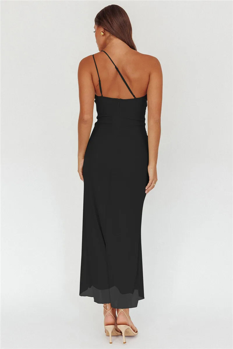 One Shoulder Draped Ruffle Maxi Dress Women Gown Fashion Diagonal Collar Backless Sleeveless Split Long Dress Elegant