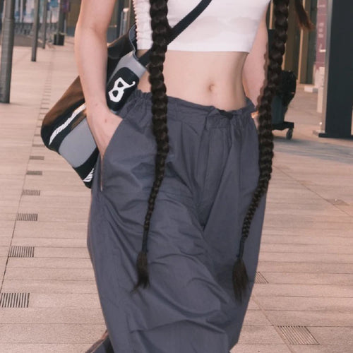 Load image into Gallery viewer, Streetwear Oversize Drawstring Hippie Tech Low Waist Parachute Pants Female Harajuku Solid Ruched Wide Leg Trousers
