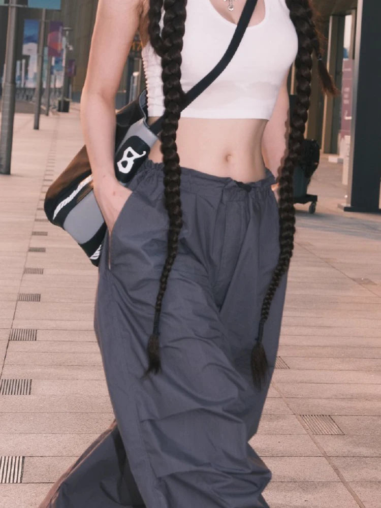 Streetwear Oversize Drawstring Hippie Tech Low Waist Parachute Pants Female Harajuku Solid Ruched Wide Leg Trousers