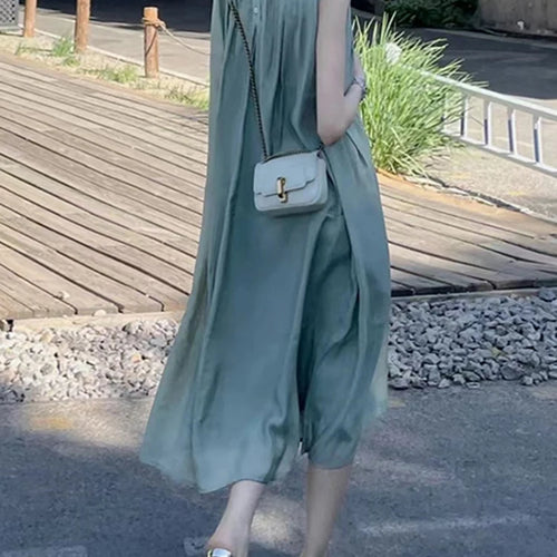 Load image into Gallery viewer, French Style Mint Green Elegant Women Dresses Summer Sleeveless Solid Color O-neck Loose Fashion Streetwear Female Dress
