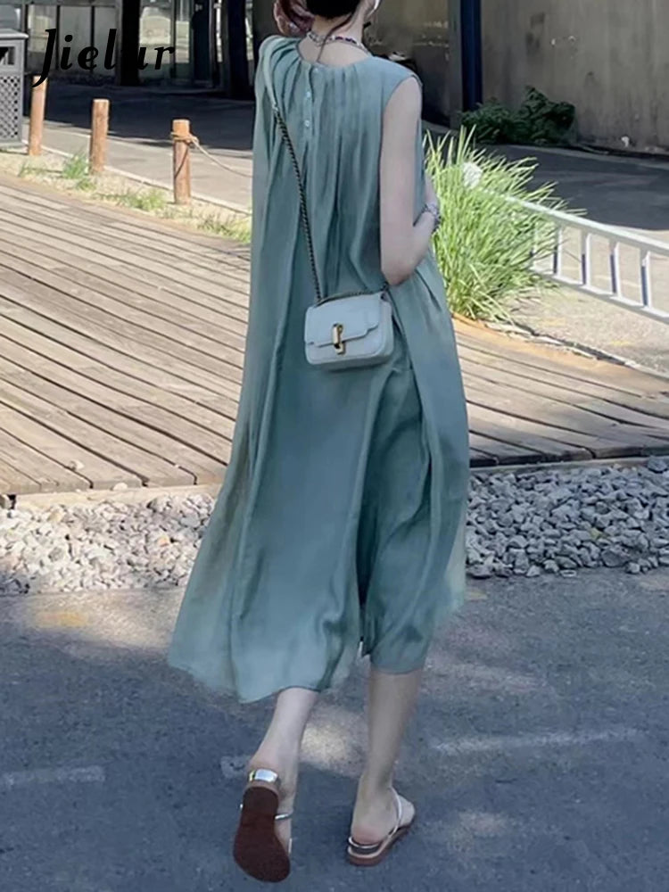 French Style Mint Green Elegant Women Dresses Summer Sleeveless Solid Color O-neck Loose Fashion Streetwear Female Dress