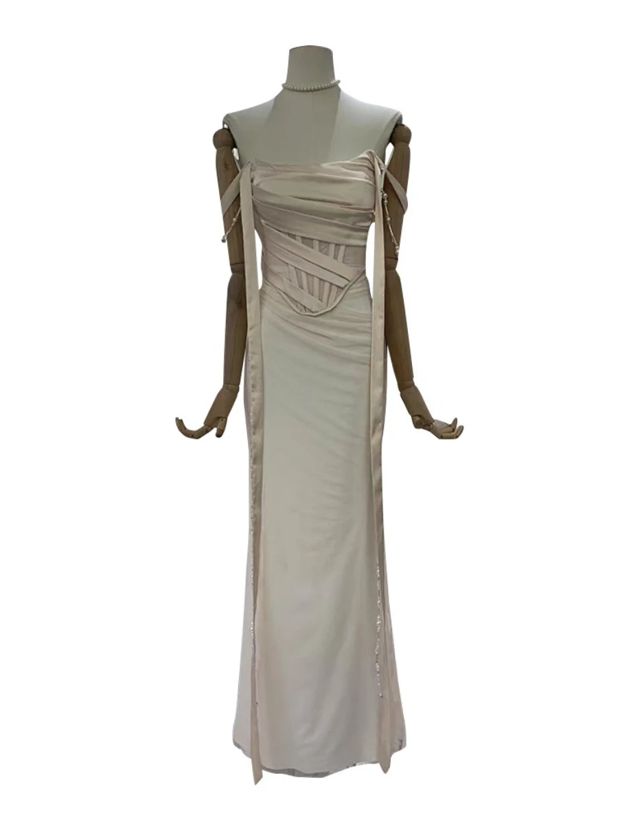 Slimming Spliced Lace Up Sexy Dresses for Women Strapless Sleeveless High Waist Patchwork Chain Dress Female New