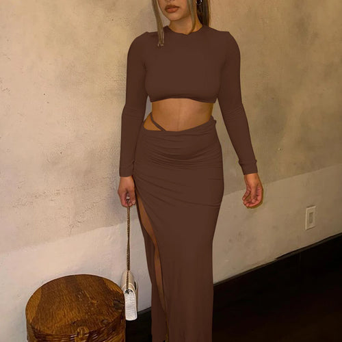 Load image into Gallery viewer, Women Fashion 2 Pcs Sets Long Sleeve Sexy Slim Crop T-Shirt Slit Ruched Maxi Skirt Fall Outfits Birthday Party Festival
