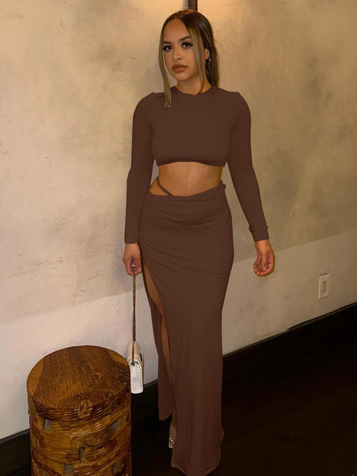 Women Fashion 2 Pcs Sets Long Sleeve Sexy Slim Crop T-Shirt Slit Ruched Maxi Skirt Fall Outfits Birthday Party Festival