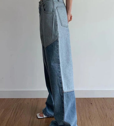 Patchwork Pockets Denim Pants For Women High Waist Spliced Button Casual Loose Wide Leg Jeans Female Fashion
