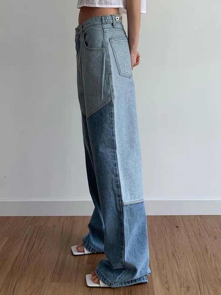 Patchwork Pockets Denim Pants For Women High Waist Spliced Button Casual Loose Wide Leg Jeans Female Fashion