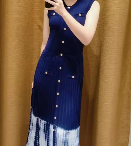 Korean Black Blue Print Patchwork Sleeveless Single Breasted Knitted Dress Women's Summer Red Elegant Round Neck Slim Long Dress