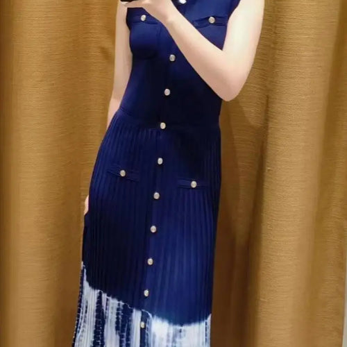 Load image into Gallery viewer, Korean Black Blue Print Patchwork Sleeveless Single Breasted Knitted Dress Women's Summer Red Elegant Round Neck Slim Long Dress
