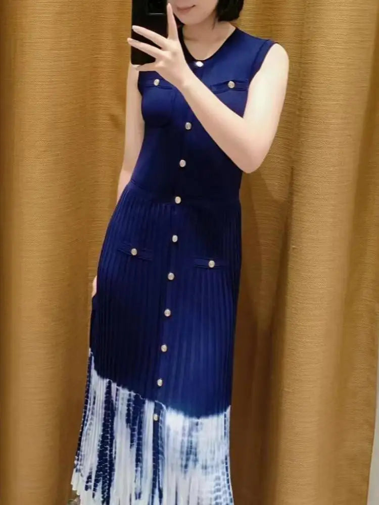 Korean Black Blue Print Patchwork Sleeveless Single Breasted Knitted Dress Women's Summer Red Elegant Round Neck Slim Long Dress