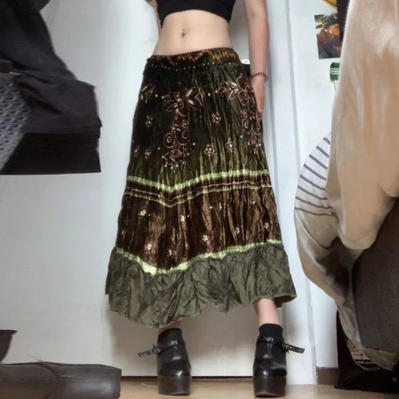 Fairycore Loose Y2K Velour Autumn Skirt Women Maxi Grunge Vintage