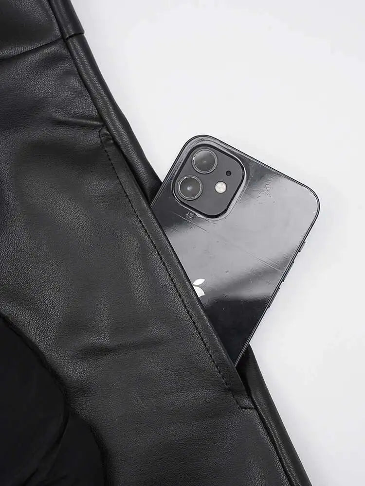 Women Black  Pu Leather Pockets Big Size Long Vest Dress New V-Neck Sleeveless Fashion Tide Spring Autumn 2025 CPG2085