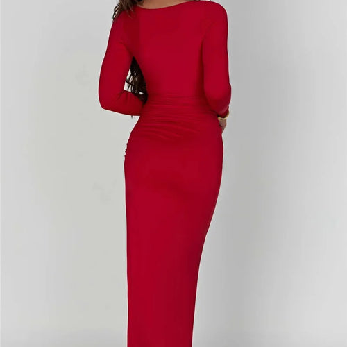 Load image into Gallery viewer, Long Sleeve Ruched High Split Maxi Dress Women Square Collar Drawstring Bodycon Sexy Party Long Dress Elegant Autumn
