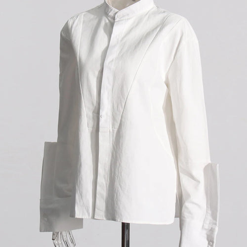 Load image into Gallery viewer, Solid Spliced Single Breasted Basics Shirts for Women Stand Neck Long Sleeves Minimalist Shirt Female Clothing New
