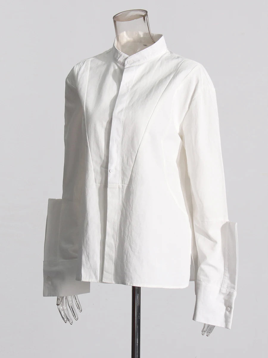 Solid Spliced Single Breasted Basics Shirts for Women Stand Neck Long Sleeves Minimalist Shirt Female Clothing New