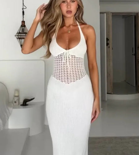 Sexy Sleeveless Bodycon Evening Dress For Women 2024 Autumn New Fashion Hanging Collar Low Cut Backless Knitted Hollow