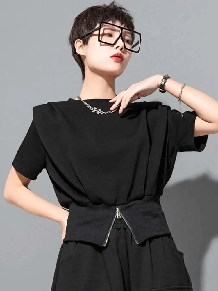 Women Black Zipper Slit Hem Big Size Casual T-shirt New Round Neck Short Sleeve Fashion Tide Spring Summer 2025 1DF7911
