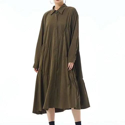 Load image into Gallery viewer, Women Coffee Pleated Spliced Big Size Midi Shirt Dress New Lapel Long Sleeve Fashion Tide Spring Autumn 2025 1DH7416
